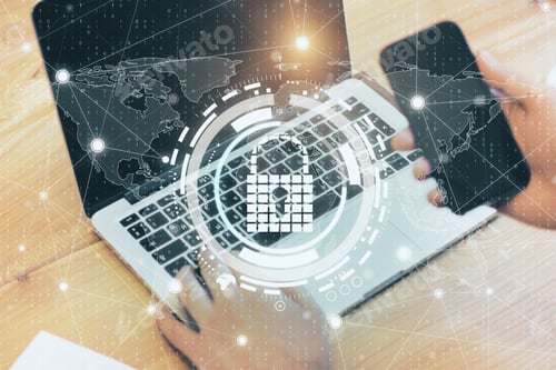 Preview: Side View Of Hands Using Computer And Smartphone With Creative Glowing Digital Padlock Interface On