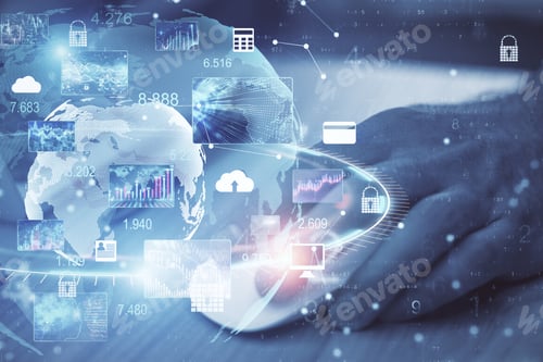 Preview: Hands Using Computer Mouse With Business Computing Cloud Hologram. Finance And Trade Concept
