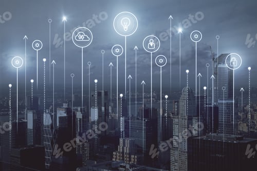 Preview: Abstract City Wallpaper With Glowing Connections. Urban Technology, Smart City And Future Concept