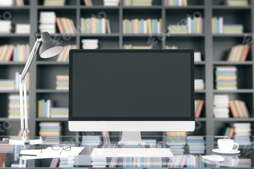 Preview: Blank Computer Screen On Glassy Table At Bookcase Background, Mock Up, 3D Render