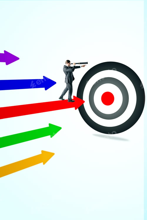 Preview: Businessman With Telescope On Creative Background With Bulls Eye And Colorful Arrows. Aim, Research