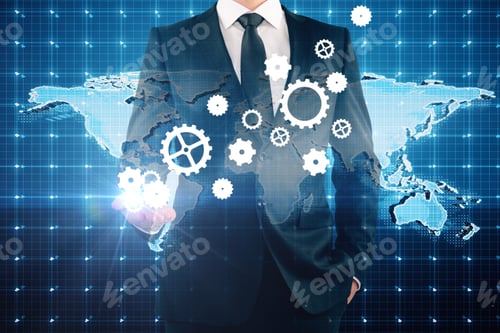Preview: Businessman Holding Abstract Cogwheels On Map And Mesh Background. Double Exposure. Industry Concept