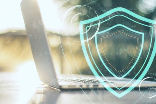 Preview: Laptop Computer On Table With Digital Shield. Safety And Protection Concept.
