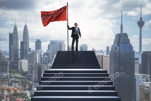Preview: Young European Businessman With Flag Standing On Stairs On Blurry City Background. Success