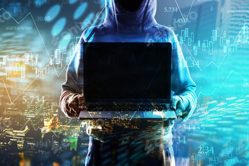 Preview: Hacker Holding Empty Notebook On Blurry Digital City Background. Mock Up, Multiexposure