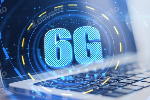 Preview: Close Up Of Notebook With Round 6G Interface On Blurry Desktop Background. Futurisitc Connection