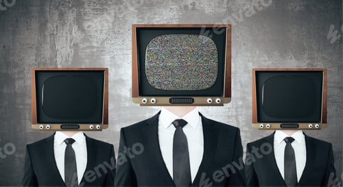 Preview: Vintage Tv Headed Businessmen On Concrete Background. Mock Up