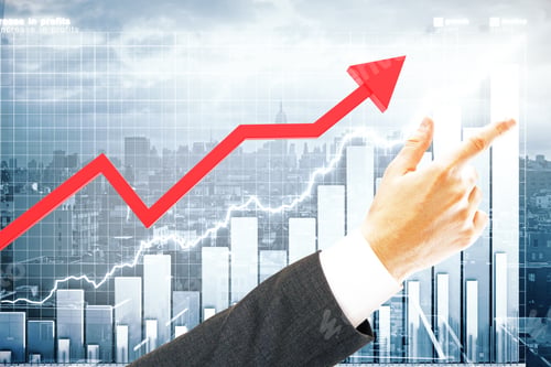 Preview: Red Chart Arrow And Pointing Businessman'S Hand On City With Business Chart Background. Finance