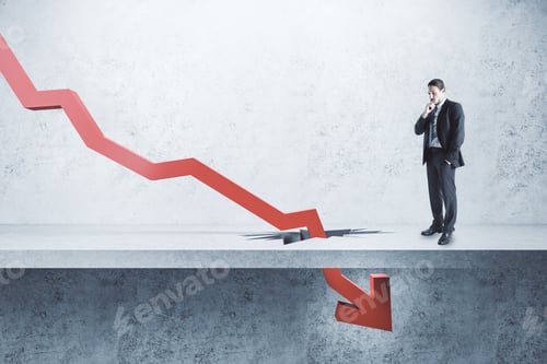 Preview: Businessman Looking At Falling Red Arrow Breaking Through Concrete Ground. Crisis And Economic