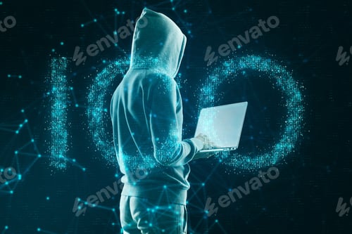 Preview: Hacker Using Laptop With Creative Glowing Polygonal Ico Hologram On Dark Background. Initial Coin