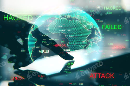 Preview: Hand Hacking Tablet With Globe. Communication And Criminal Concept. Double Exposure