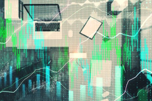 Preview: Top View Of Blurry Office Desktop With Glowing Forex Chart. Finance And Workplace Concept. Double