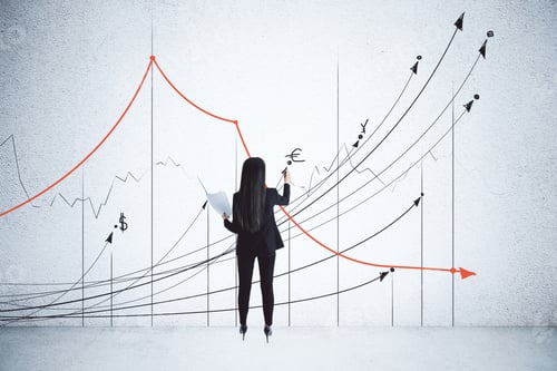 Preview: Businesswoman Drawing Business Charts And Stock Arrow On Wall. Success And Startup Concept.