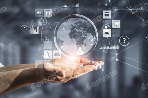 Preview: Hand Holding Global Network Interface. Server And Technology Concept