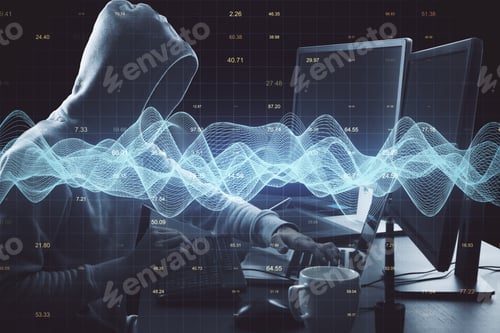 Preview: Malware And Hacking Concept With No Face Hacker Using Computer And Blurry Digital Screen With