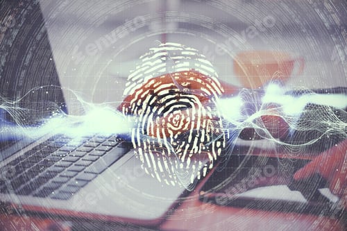 Preview: Hands Using Laptop With Glowing Finger Print And Data Protection Interface. Access, Password And