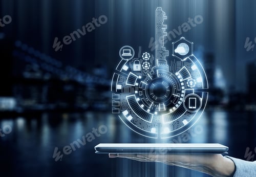 Preview: Hand Holding Tablet With Creative Digital Key Hologram On Blurry Night City Background With Icons