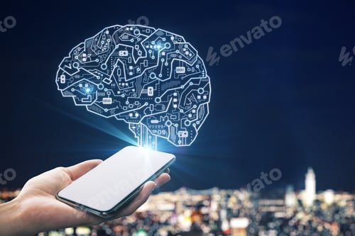 Preview: Hand With Smartphone And Creative Circuit Brain On Blurry Night City Background. Artificial