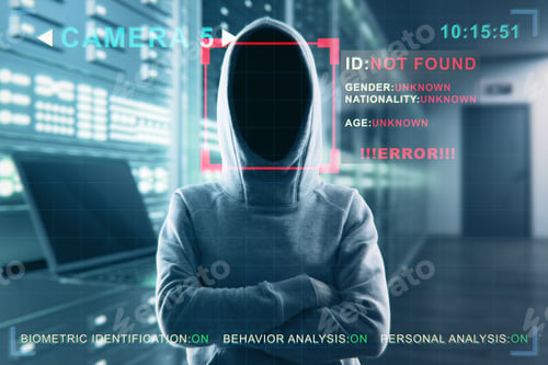 Preview: Security Camera Not Recognizing Hacker In Hoodie Standing In Blurry Server Room Interior. Id