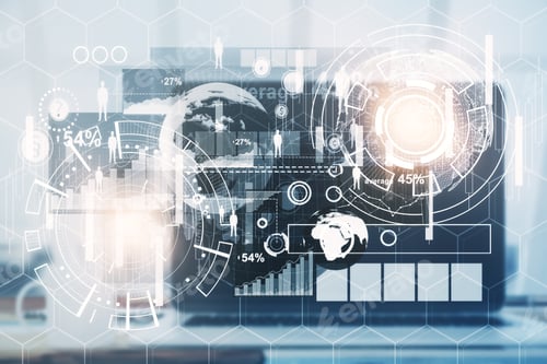 Preview: Workplace With Laptop On Desktop And Abstract Business Hologram. Future Concept. Double Exposure