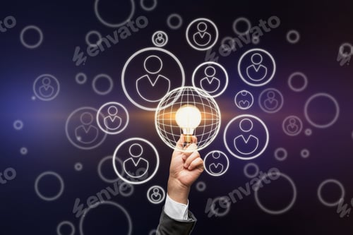 Preview: Crowdfunding Money Business Concept With Glowing Light Bulb In Man Hand And Digital Human Figures