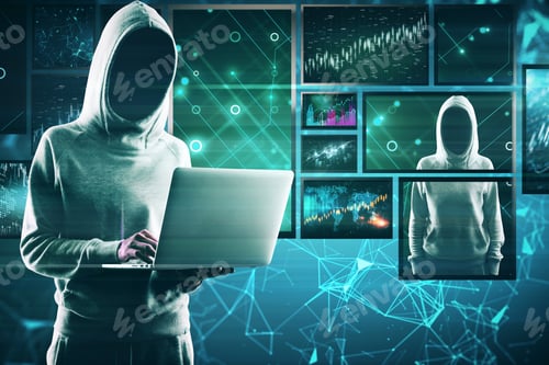 Preview: Hacking And Finance Concept. Hacker Using Laptop With Digital Business Interface On Blurry