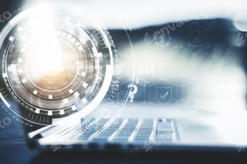 Preview: Side View Of Blurry Laptop With Digital Business Interface. Technology And Communication Concept