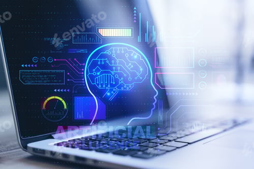 Preview: Close Up Of Laptop With Abstract Glowing Ai Head Interface On Blurry Background. Artificial