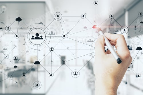 Preview: Businessman Hand Drawing Social Network Interface And Glowing Human Resource Concept. Close Up