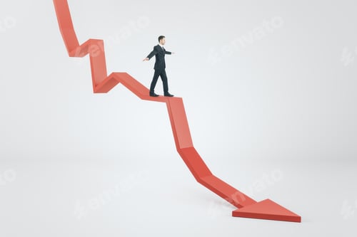 Preview: Crisis Management Concept With Businessman Keeping Balance Trying To Stay Afloat On Red Arrow Down