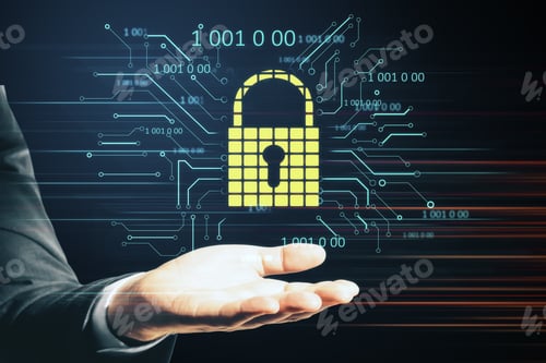 Preview: Hand Holding Glowing Yellow Padlock With Binary Code. Safety And Protection Concept.