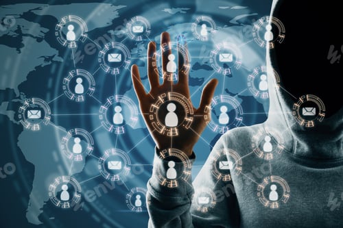 Preview: Hacker Hand Using Creative Social Network Interface On Dark Background. Media, Hr And Virus