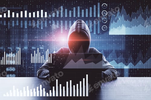 Preview: Front View Of Hacker Using Laptop With Abstract Digital Business Interface On Blurry Background