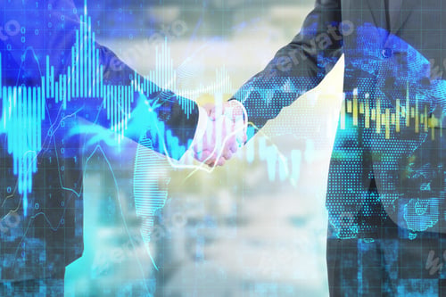 Preview: Two Businessmans Shaking Hands With Glowing Stock Charts. Money And Trade Concept. Multiexposure