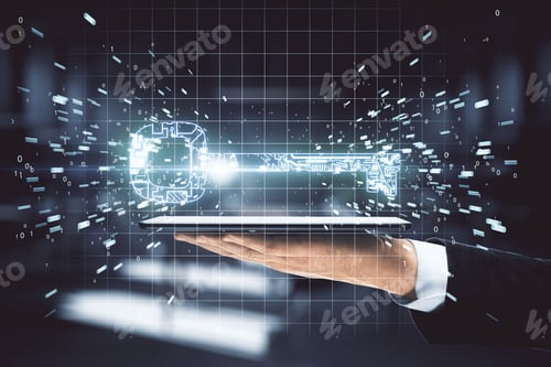 Preview: Hand Holding Digital Tablet Computer With Glowing Circuit Key. Business And Security Concept