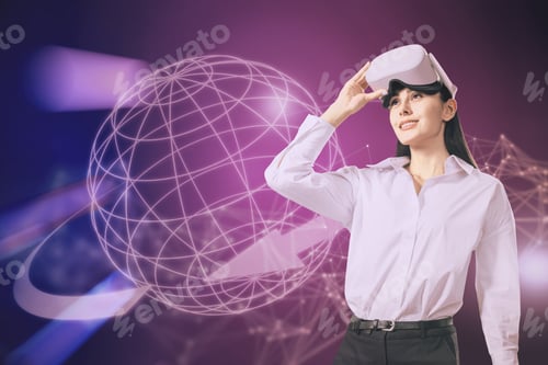 Preview: Portrait Of Attractive Young European Businesswoman Smiling With Vr Glasses And Metaverse Mesh