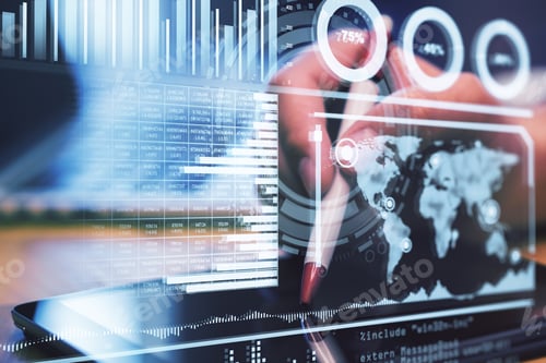 Preview: Holo Trading Charts, Hand Holding A Pen Above A Laptop In The Background, Business Concept, Double
