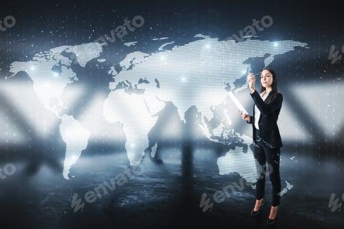 Preview: Attractive European Businesswoman Drawing Digital Map On Blurry Interior Background. Global