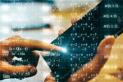 Preview: Close Up Of Hands Using Tablet On Abstract Blurry Background With Mathematical Formulas