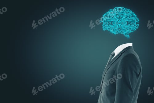 Preview: Side View Of Businessman With Glowing Circuit Brain And Copy Space On Blue Background. Artificial