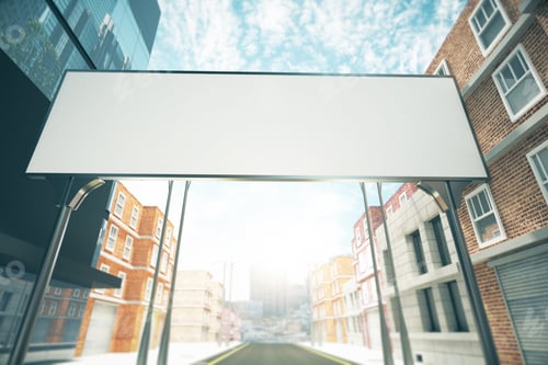 Preview: Big Blank Billboard Over The Road Between Buildings, Mock Up 3D Render