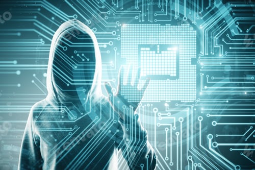 Preview: Hardware And Malware Concept. Hacker With Circuit Interface On Blurry Blue Background. Double