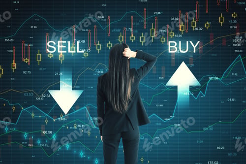 Preview: Back View Of Thoughtful Businesswoman On Creative Buy Sell Forex Chart Background. Economy And