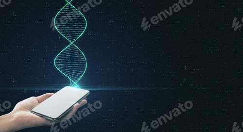 Preview: Genetic Engineering And Analysis Concept With Digital Dna Spiral And Human Hand With Smartphone At