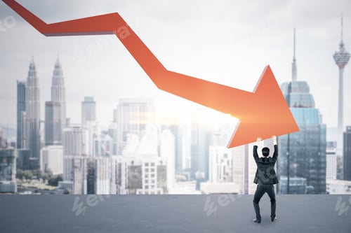 Preview: Businessman Holding Stock Market Crash Red Arrow On City Background. Business And Financial Crisis