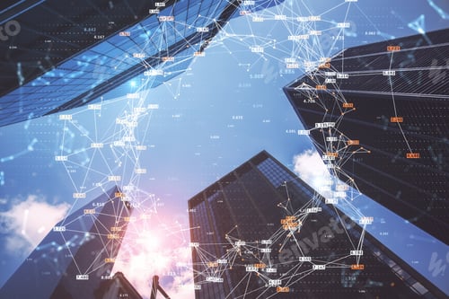 Preview: Bottom View City Image With Blue Sky And Glowing Big Data Connections Circle On Blurry Background