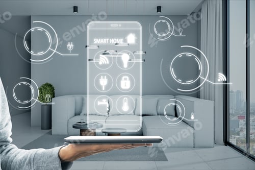 Preview: Close Up Of Hand Holding Tablet With Abstract Digital Smart Home Hologram On Blurry Living Room