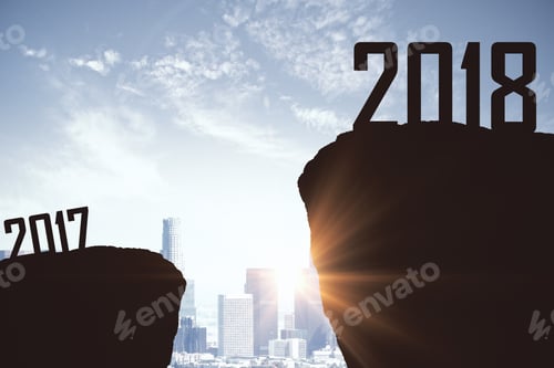 Preview: Mountain Gap Between 2017 And 2018 On City Backdrop. New Year Concept
