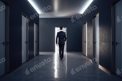 Preview: Businessman In Hall Interior With Closed Doors. Design And Style Concept.