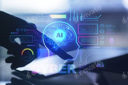 Preview: Close Up Of Backlit Hand Using Tablet With Abstract Glowing Ai Head Interface On Blurry Background